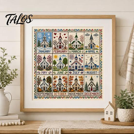 Twelve Month Decorative Wall Art 12-Month Cross Stitch Kit, DIY Four Seasons Embroidery Seasonal Monthly Kit Stamped Stitching Craft Set for