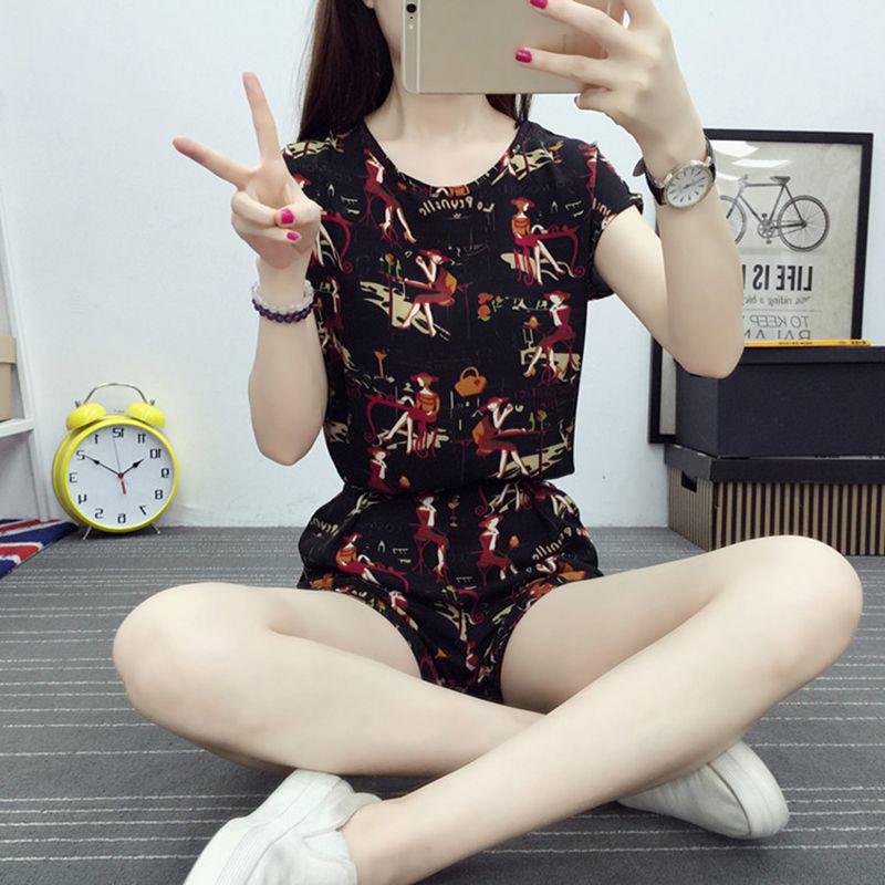 Women Summer Loose Simple Round Neck Cartoon Print Short-sleeved Tops+Shorts Two-Piece