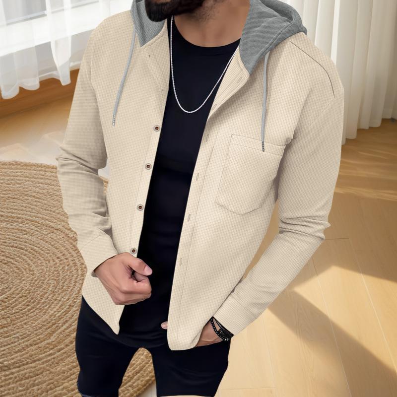 Spring Autumn New Men Solid Color Minimalist Casual Versatile Single Breasted Hooded Cardigan Outerwear Color Block Pocket Top