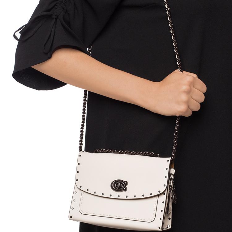 Coach Parker 18 Sweet Cool Style Turn Lock Logo Leather Studded Crossbody Shoulder Bag Small Women shoulder bag White 29389-BPCHK