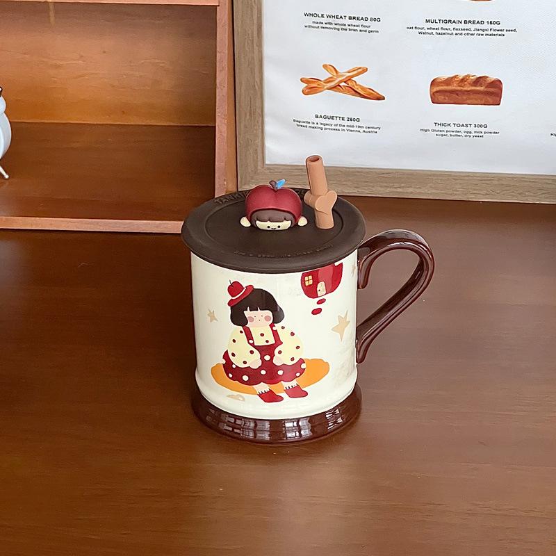 Retro Family Four-mouth Water Cup Cute Couple Ceramic Mug with Lid Home Coffee Cup Girl Birthday Gift