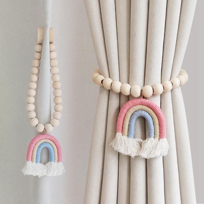 Tricolor Rainbow Wood Beads Tassel Curtain Magnetic Buckle Strap A Pair