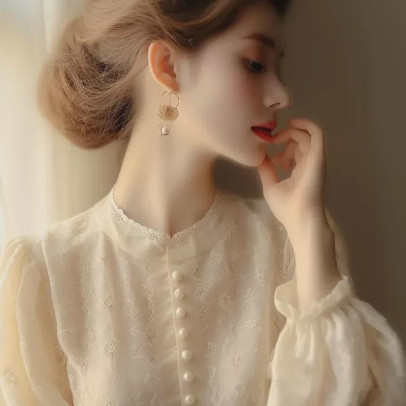 "zZZ2024 Fransk Aprikosspets Långärmad Blus för Kvinnor"