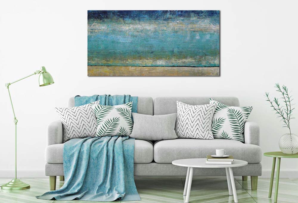 BWA Painting Interior Varnished Wall Art 100cm x 50cm Art Panel Art Board Nordic Ocean Blue Oil Painting Abstract (Waterfront no. 2)