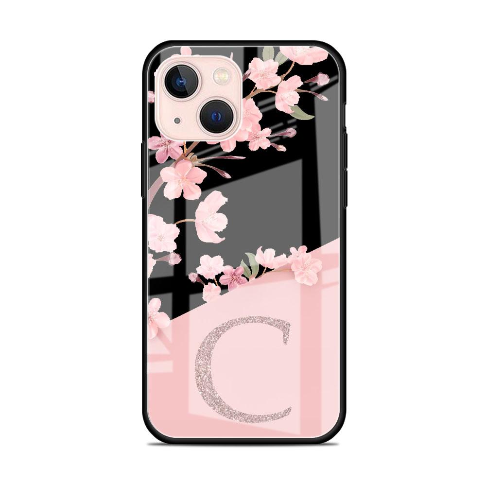 Glass Case For Apple iPhone 14 13 Pro 11 12 7 8 Plus SE 2022 XR X XS Max 6 6S Phone Cover Custom Cherry Blossom Flower Initial