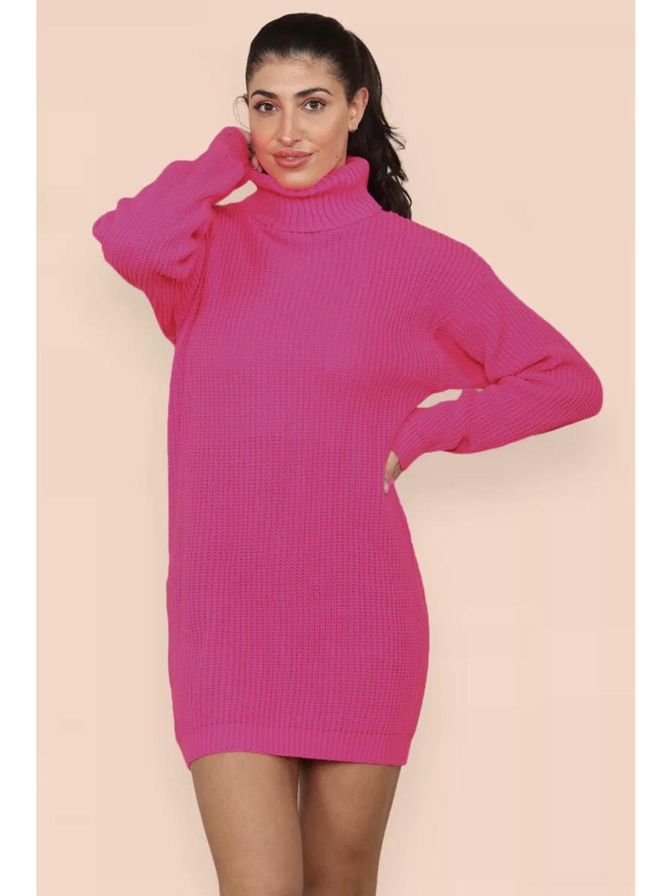 

Women s Knitted Turn-Down Collar Sweater Dress - Loose Mid-Length Solid Color Pullover M рожевий червоний колір