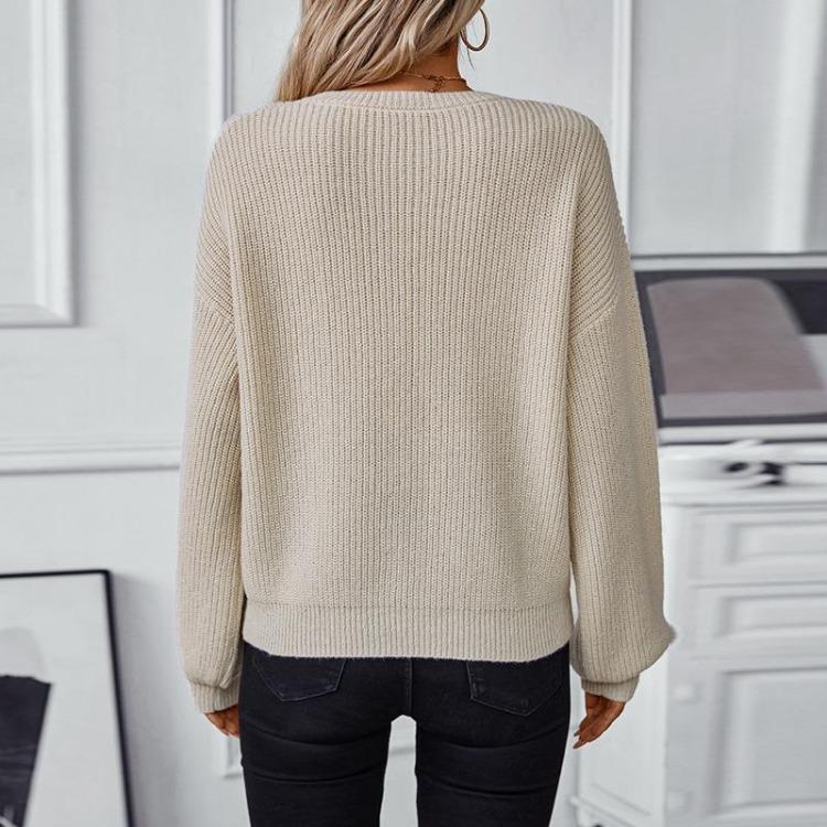 Locker Gestrickter Vintage Cardigan Pullover Einfarbige Lange Ärmel O-Ausschnitt Oberteil für Herbst Winter