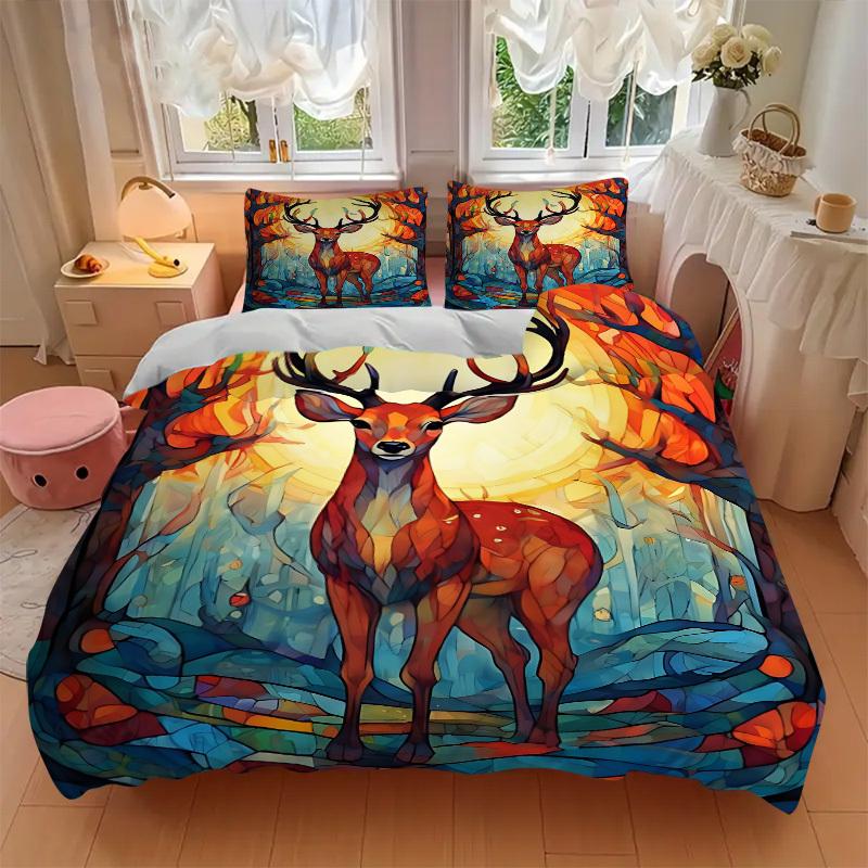 3pcs Bedding Set Deer Forest Includes 1 Comforter + 2 Pillowcases, Without Pillow Inserts, Soft Comfortable, Lightweight Breathable028