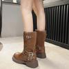 2025 autumn new Internet celebrity soft leather spice girls tooling boots women's locomotive boots medium boots thick heel knight boots women's boots