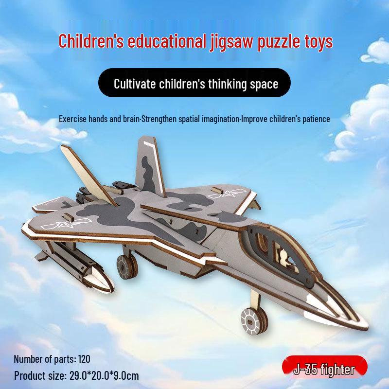 Wooden 3D DIY Military Fighter Plane Puzzle for Kids