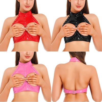 Sexy Womens Patent Leather Brassiere Underwear Lingerie Open Breast Bra Cropped Tank Tops