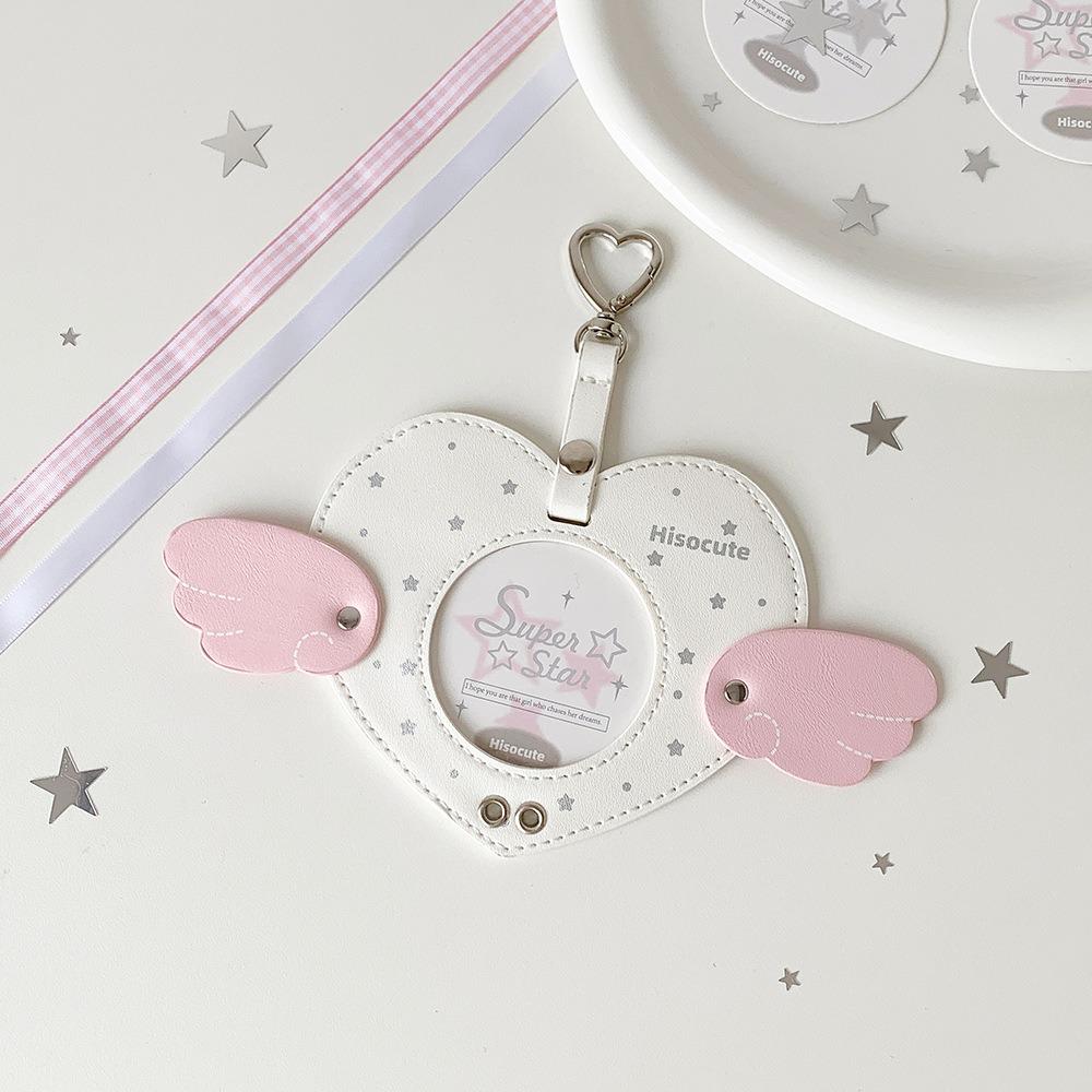 Durable Waterproof Pendant Keychain Angel Wings Clear Window Photocard Holder Pu Leather Badge Holder