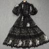 Lace Stand Collar Embroidered Patchwork Puff Sleeve Dress