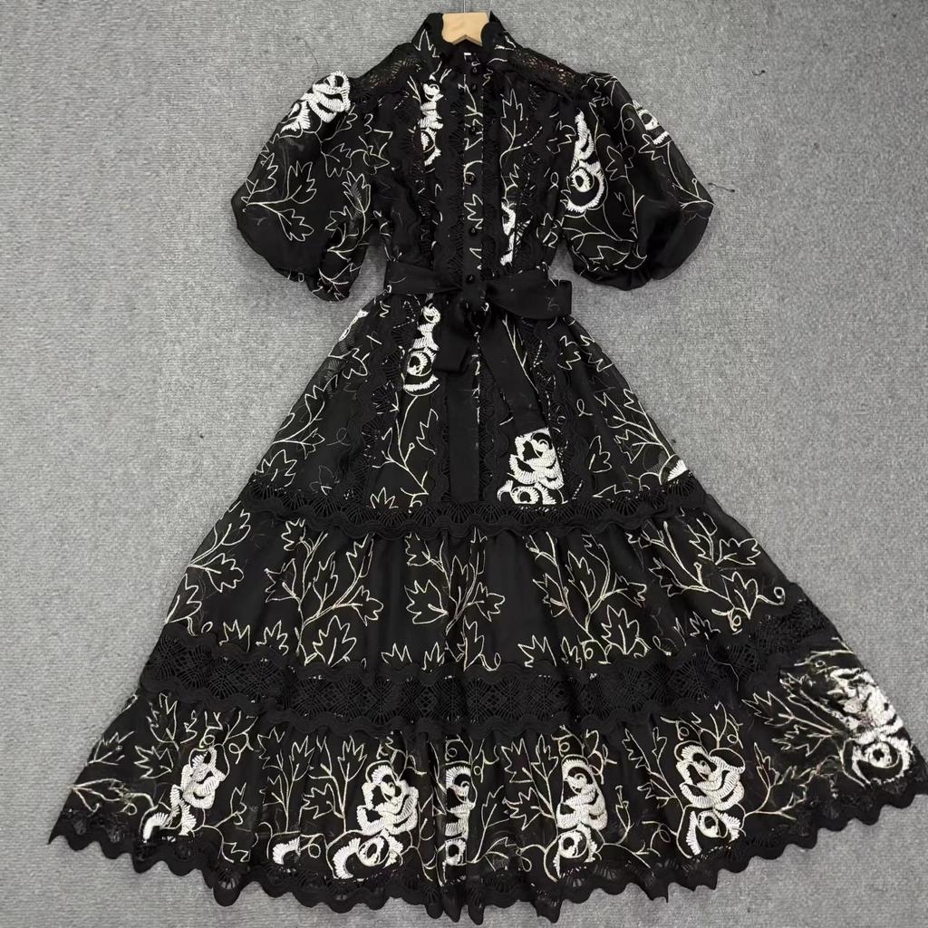 Lace Stand Collar Embroidered Patchwork Puff Sleeve Dress