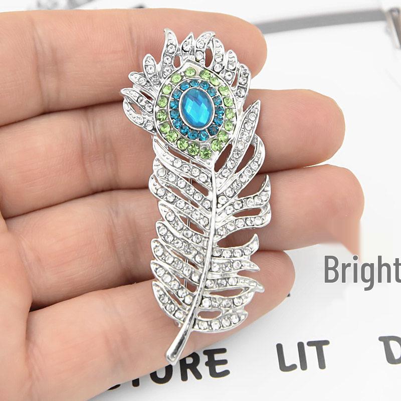 Rhinestone Peacock Feather Brooch Lapel Pin No Size