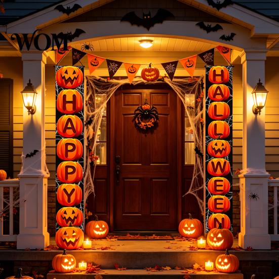 Party Atmosphere Decoration Halloween Porch Sign Banner, Pumpkin Ghost Awning Hanging Wall Supplies Door Decoration, Front Wreath Banner Yard