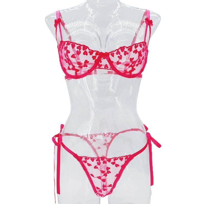European and American Style Lace Embroidery Perspective Underwear Set, Sexy Straps Gather Bra, Thong, Fun Two-piece Set