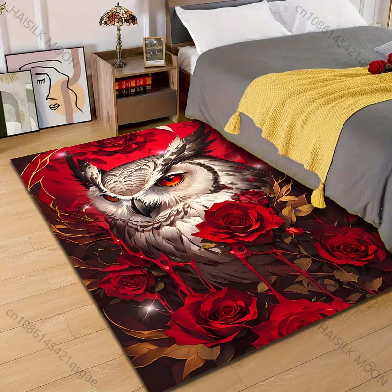 1PC Owl and Red Roses Pattern Rug Carpets for Bedroom Living Room Sofa Mat Creative Door Mat Cloakroom Home Decor