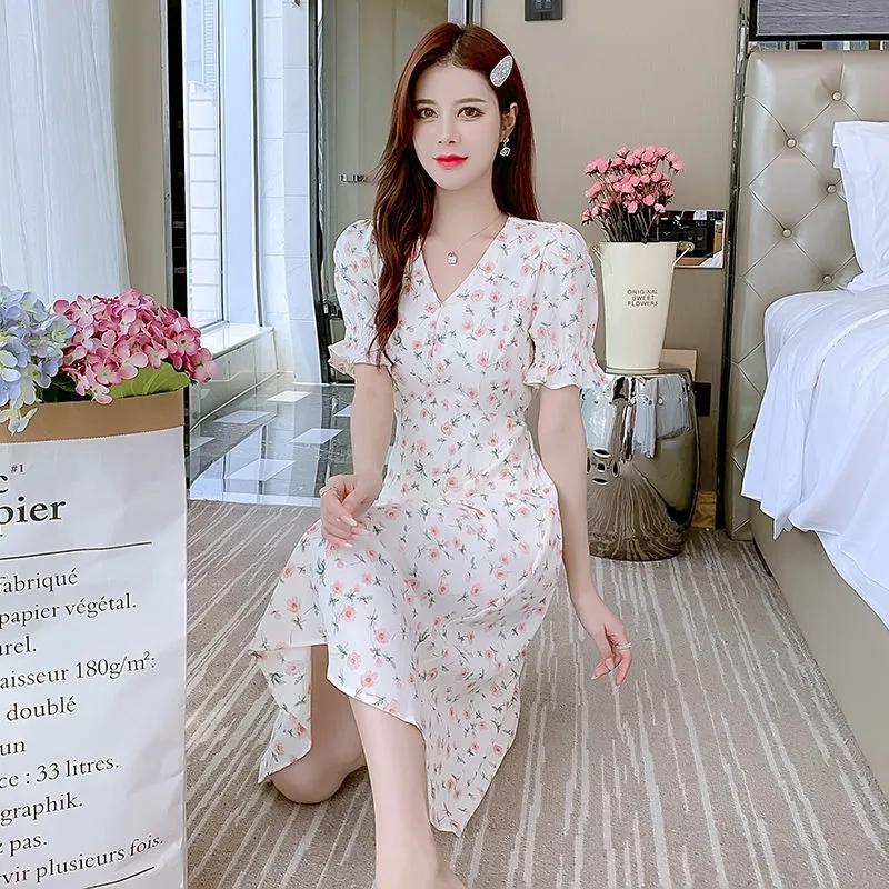 Kurzärmliges Blumen-Chiffon-Kleid für Damen, Sommerbund, V-Ausschnitt, mittellanges A-Linien-Kleid im Damenstil