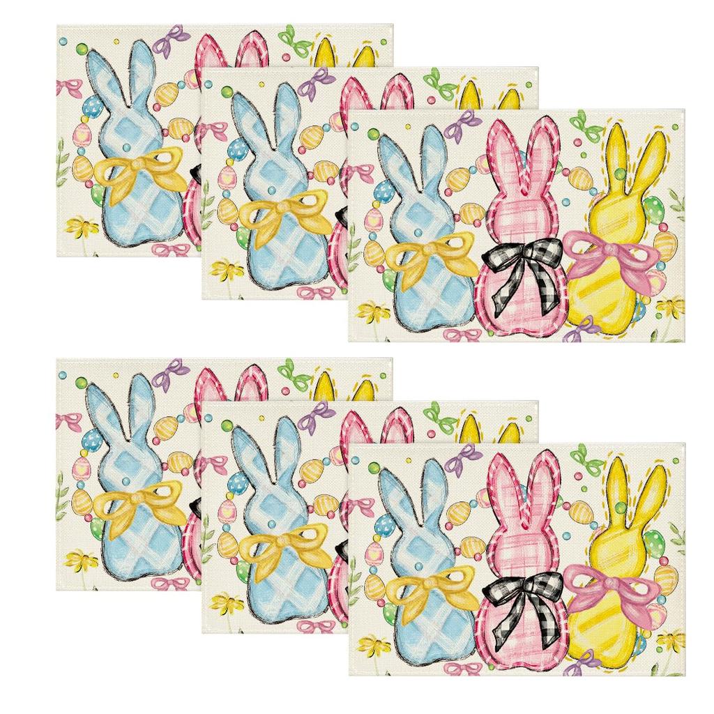 Bunny Rabbits Eggs Easter Placemats Set of 4, 12x18 Inch Floral Bow Seasonal Spring Holiday Table Mats for Party Kitchen Dining Decoration