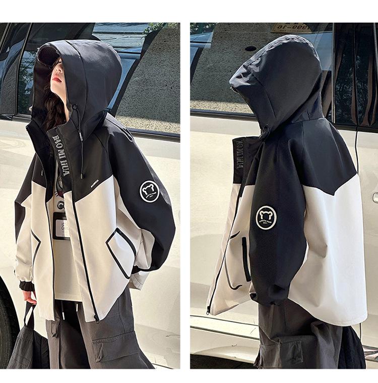 Girls' Color Block Hooded Windbreaker - Casual Spring/Autumn Jacket for Big Kids