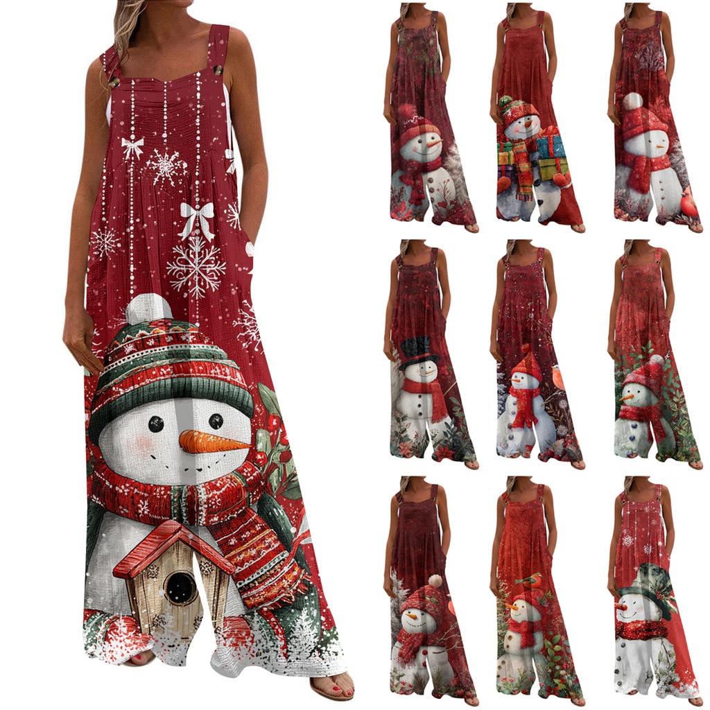 Women's Christmas Print Solid Wide Leg Strapless Tank Pocket Casual Onesie