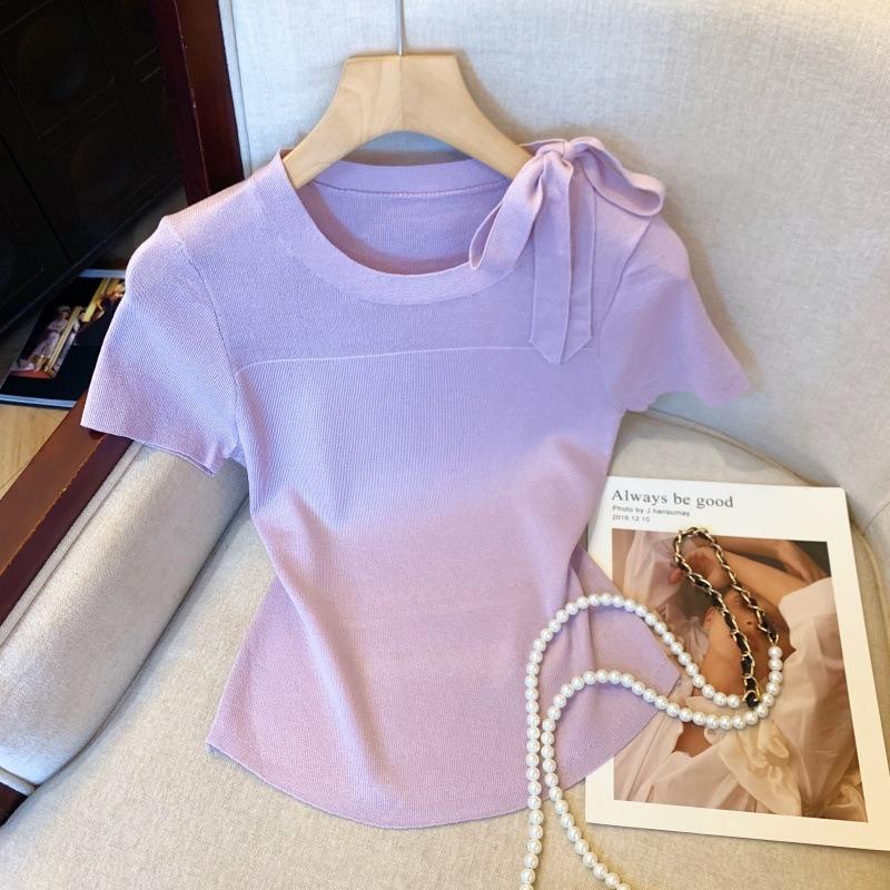 

Real shot mesh short-sleeved bow knitted sweater women s summer slim-fitting and thin pure desire sweater top L фіолетовий