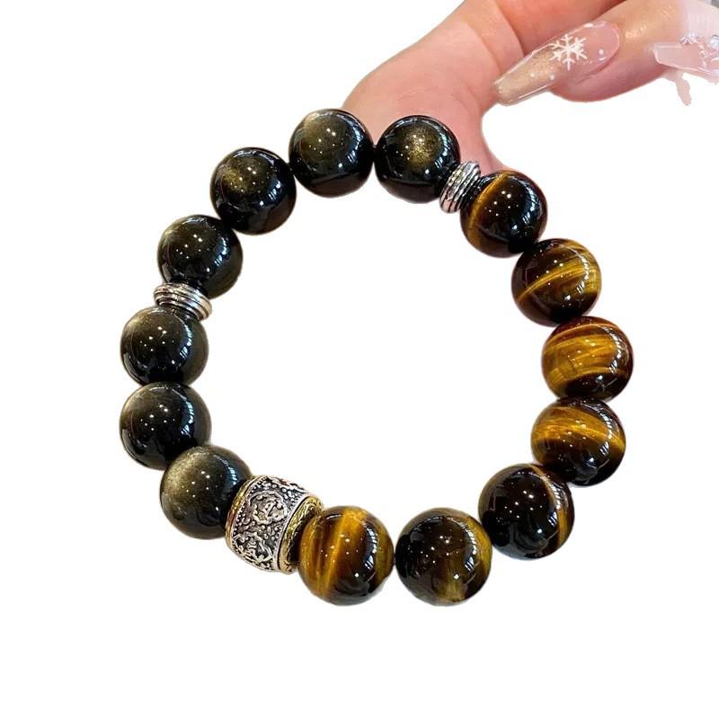 Yellow Tiger Eye & Gold Silver Obsidian Bracelet for Men - Attracts Wealth & Luck, Year of the Horse Crystal Beaded Gift for Boyfriend