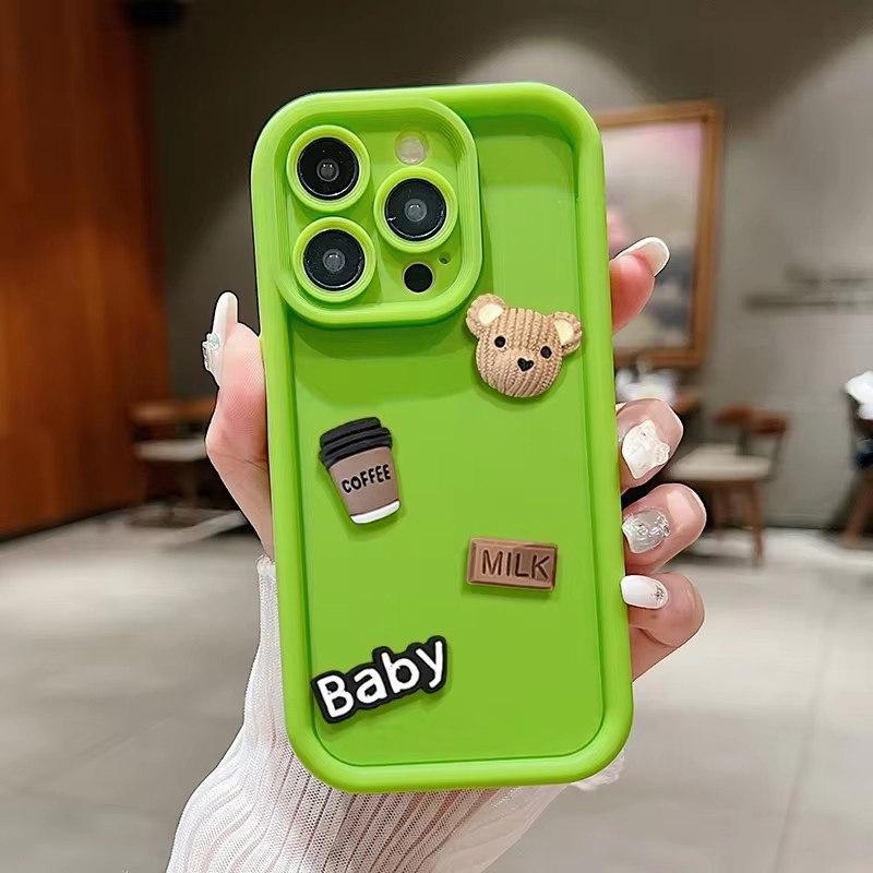 Cute 3D Bear Drinking Coffee Phone Case for iPhone 16 15 14 Pro Max, Soft Matte Silicone Cover Shockproof for iPhone 13 12 11 Pro Plus X XR XS