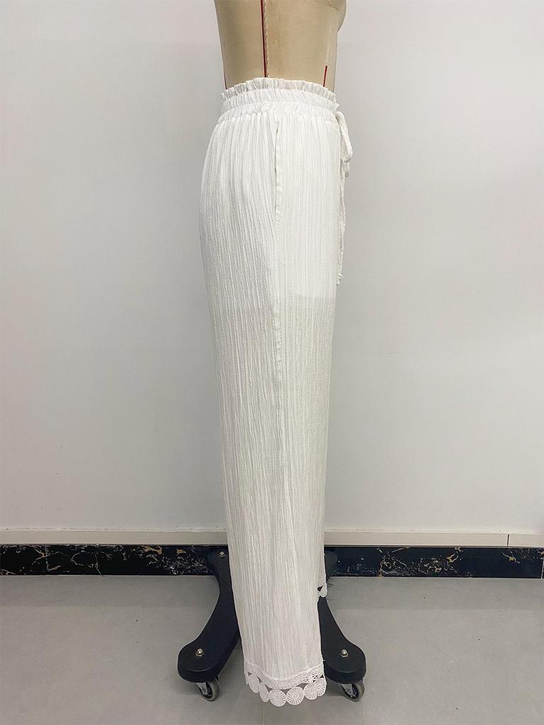 TikTok 2026 Summer Spliced Lace Tie-Up Casual Loose Straight-Leg Pants