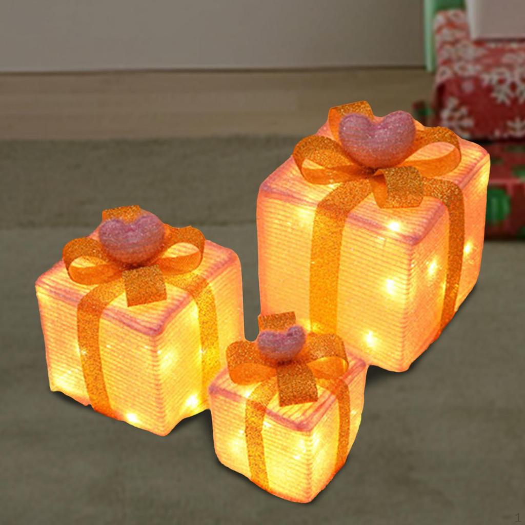 3 Pack Illuminated Christmas Gift Boxes, Outdoor LED Novelty Boxes with Bows