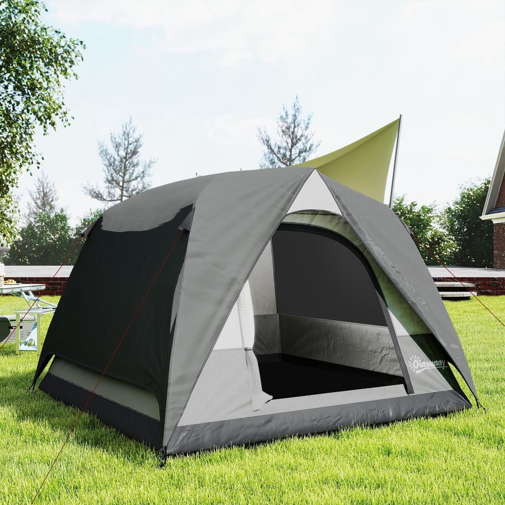 3-4 Person Camping Tent, Easy Set Up 3-4 Man Tent w/ Sewn-in Groundsheet, Waterproof Dome Tent w/ Mesh Windows, Grey