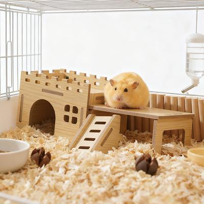 3PCS/Set Wood Assembled Hamster Hidehouse, Platform & Ladder Set for Small Animals Hamster Pet Toys Cage Landscaping Decorations