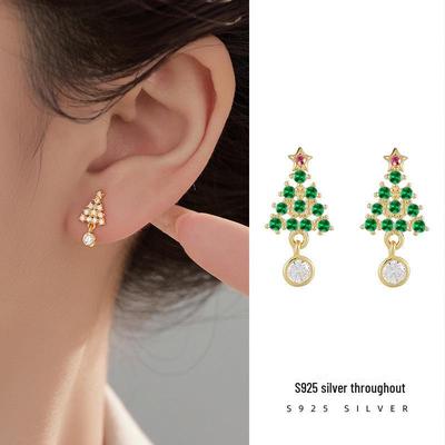 Banyan Tree S925 Silver Christmas Earrings: Elegant Diamond Women's Gift for Autumn/Winter