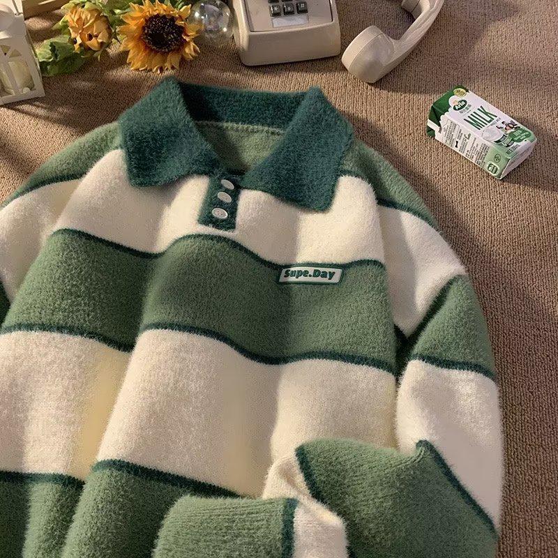 Pánský pruhovaný svetr s polokošilí – Trendy japonský vysokoškolský styl, silný a hřejivý na podzim a zimu.