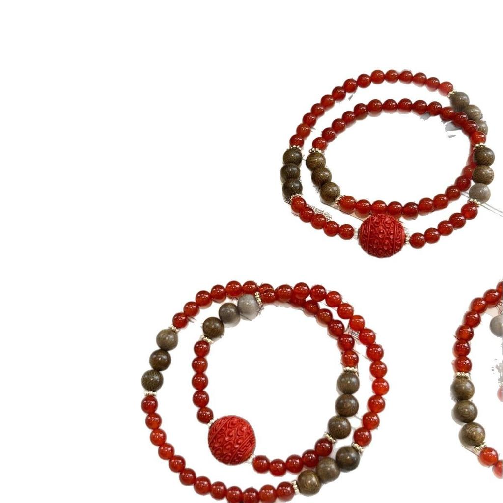 Natural red agate, agarwood, and cinnabar double-loop bracelet, versatile and unique, niche crystal beads