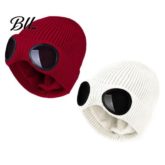 Casual Winter Accessory for Outdoor Activities 2Pcs Fleece Lined Hats with Goggles, Warm Knit Durable Cap Cold Weather Hats, Windproof Skiing Caps Men