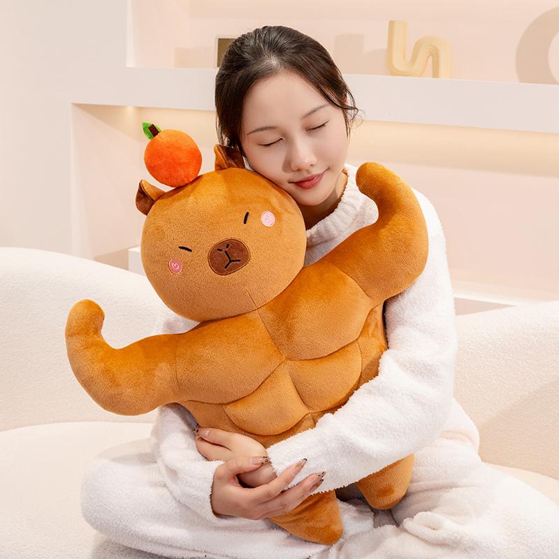 Capybara Plush Toy with Creative Muscle Design Huggable Strong Tiny Head Soft Gym Decor Adorable Funny Gift
