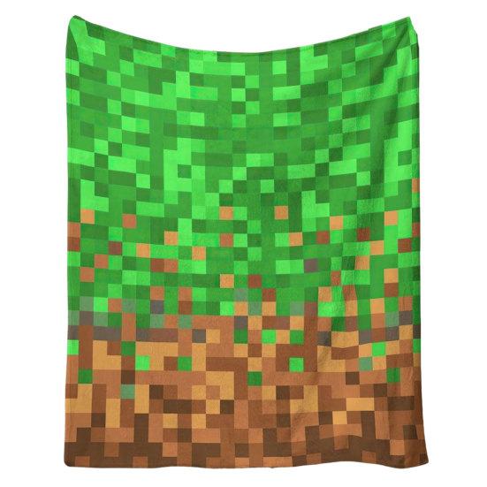 Pixel Grid Miners Kids Flannel Blanket, Geometric Grid Patchwork Pixelated Bed Blanket, Cartoon Gamepad Video Games Girls Boys Sofa Decor, Brown