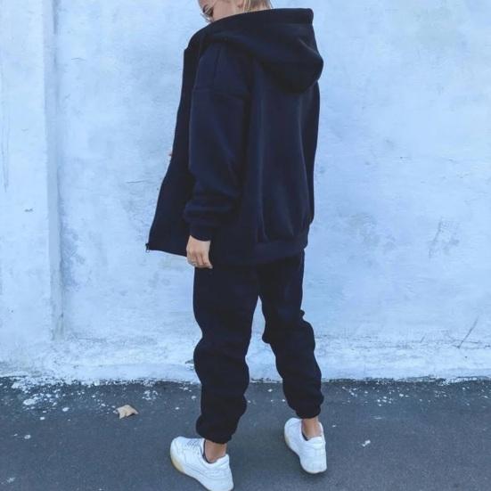 1 set Set de hanorace cu fermoar Plăcuță Trening Pantaloni cu talie elastică Set din două piese Îmbrăcăminte sport Culoare uni Snur