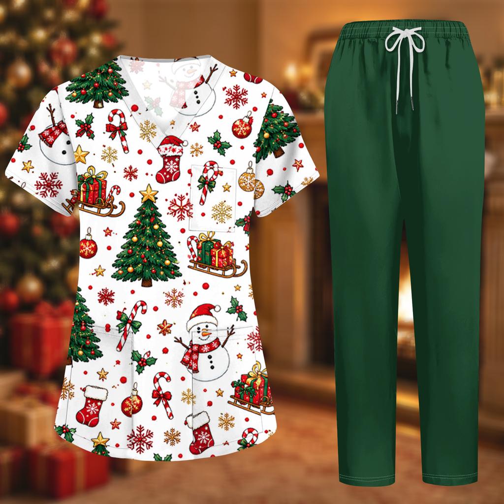 Women's Uniform Set with Short Sleeve Christmas Print Top and Pants, Two Piece Caregiver with Pockets