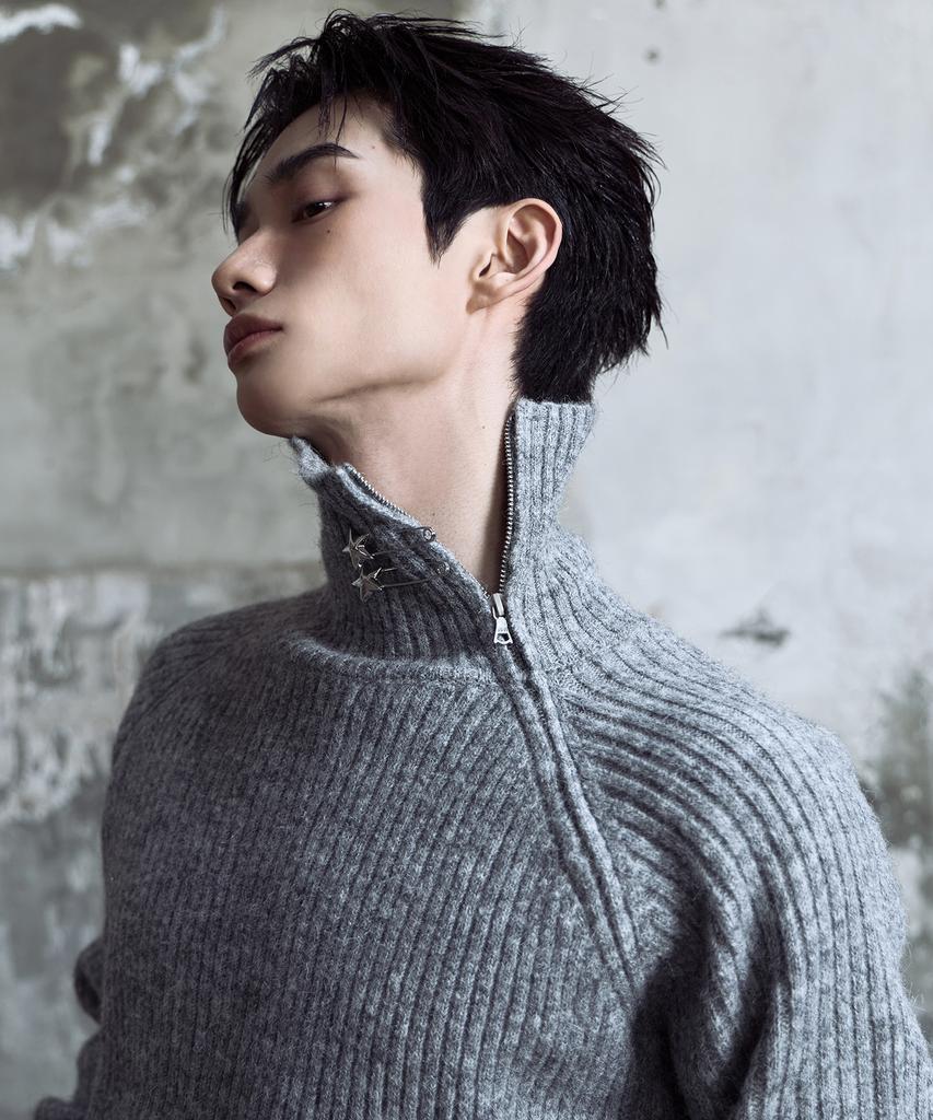 LANARCHIVE [0091] Shoulder Zip-Up Ribbed Knit - Gray