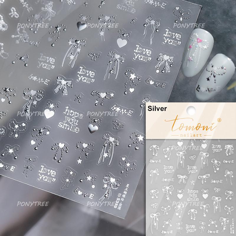 Shiny Polarized White Ribbon Bowknot Stars Tassel 3D Self Adhesive Nail Art Stickers Lovely Bow 5D Embossed Manicure Decals