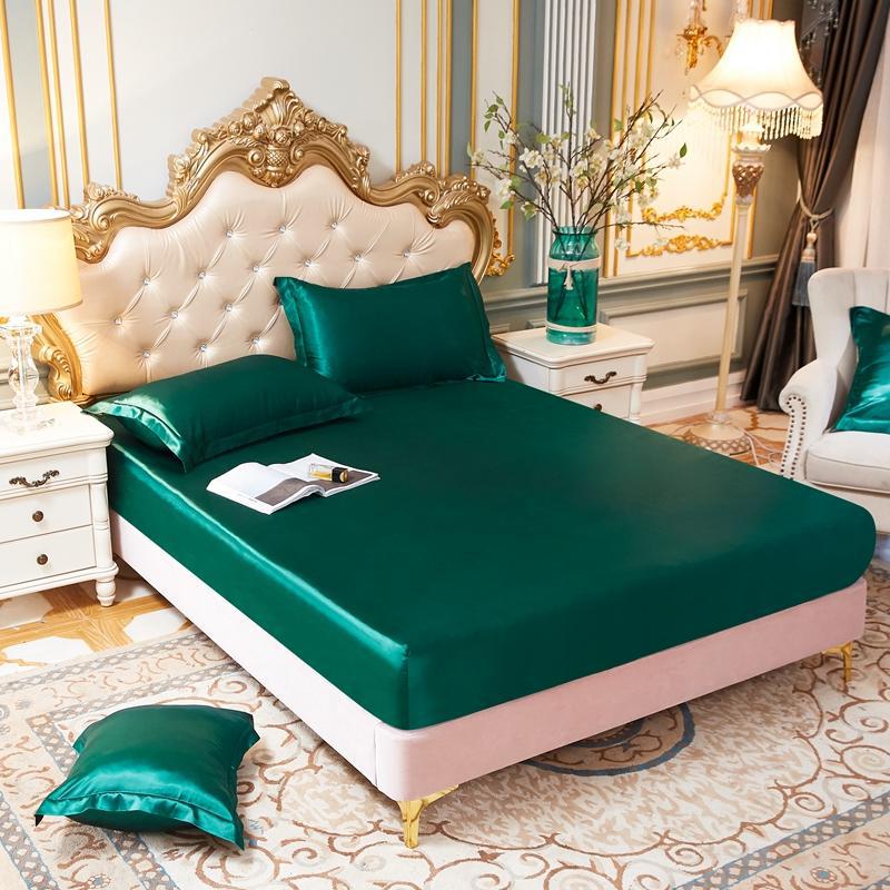 Ice Silk Satin Bed Sheets: Solid Color Three-Piece Set – Imitation Silk Mattress Protector.