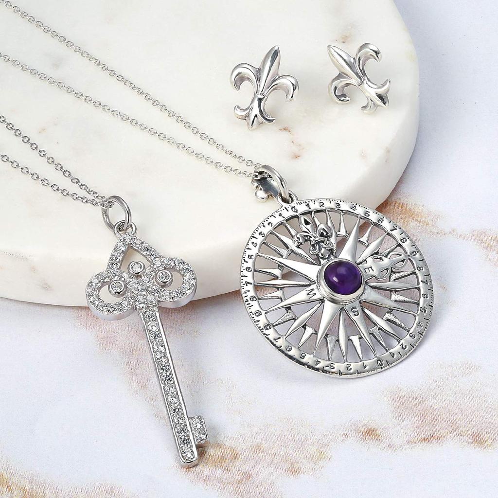 Pave Cubic Zirconia CZ Fleur Deli Key Shape Pendant Necklace for Women Girlfriend Sterling Silver .925