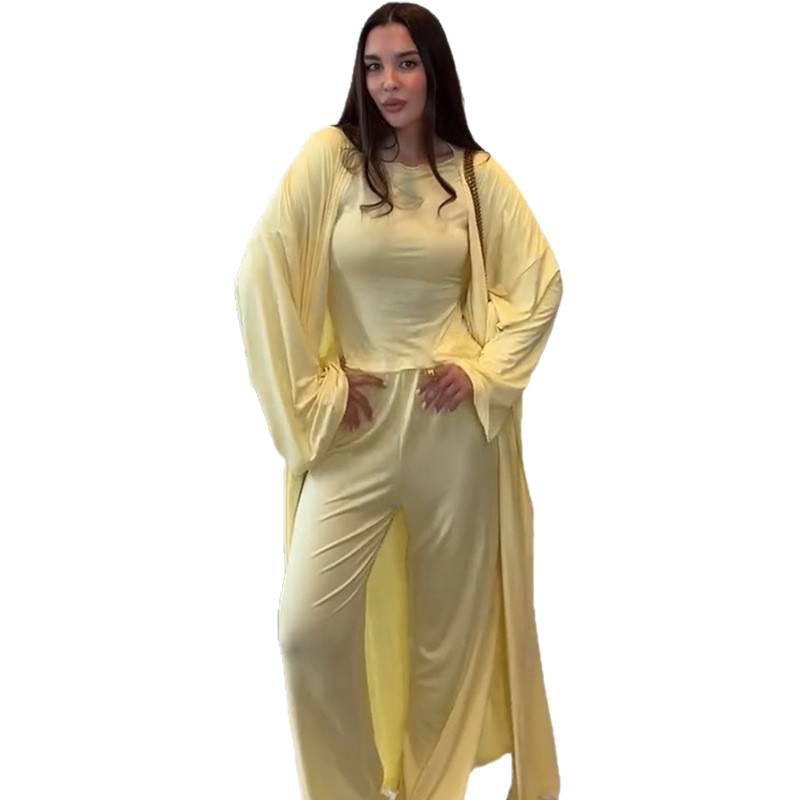 Women's Summer Casual Three-Piece Set: Long Coat, Long Sleeve T-Shirt, High-Waist Pants