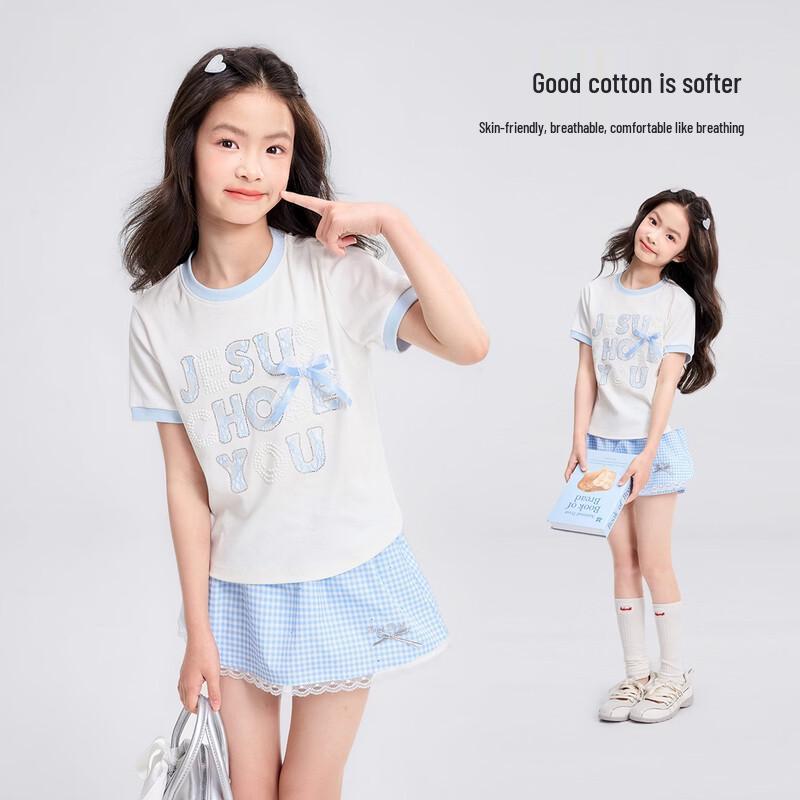 

Girls Letter Rhinestone Bow Short Sleeve T-shirt 140