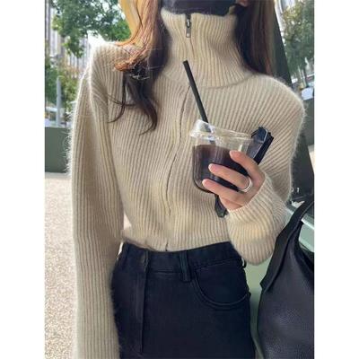 Fashion Loose Zipper Turtleneck Sweater Jacket Women Autumn Solid Long Sleeve Knitted Jackets Female Winter Solid Casual Short Knitwear Coats 25017
