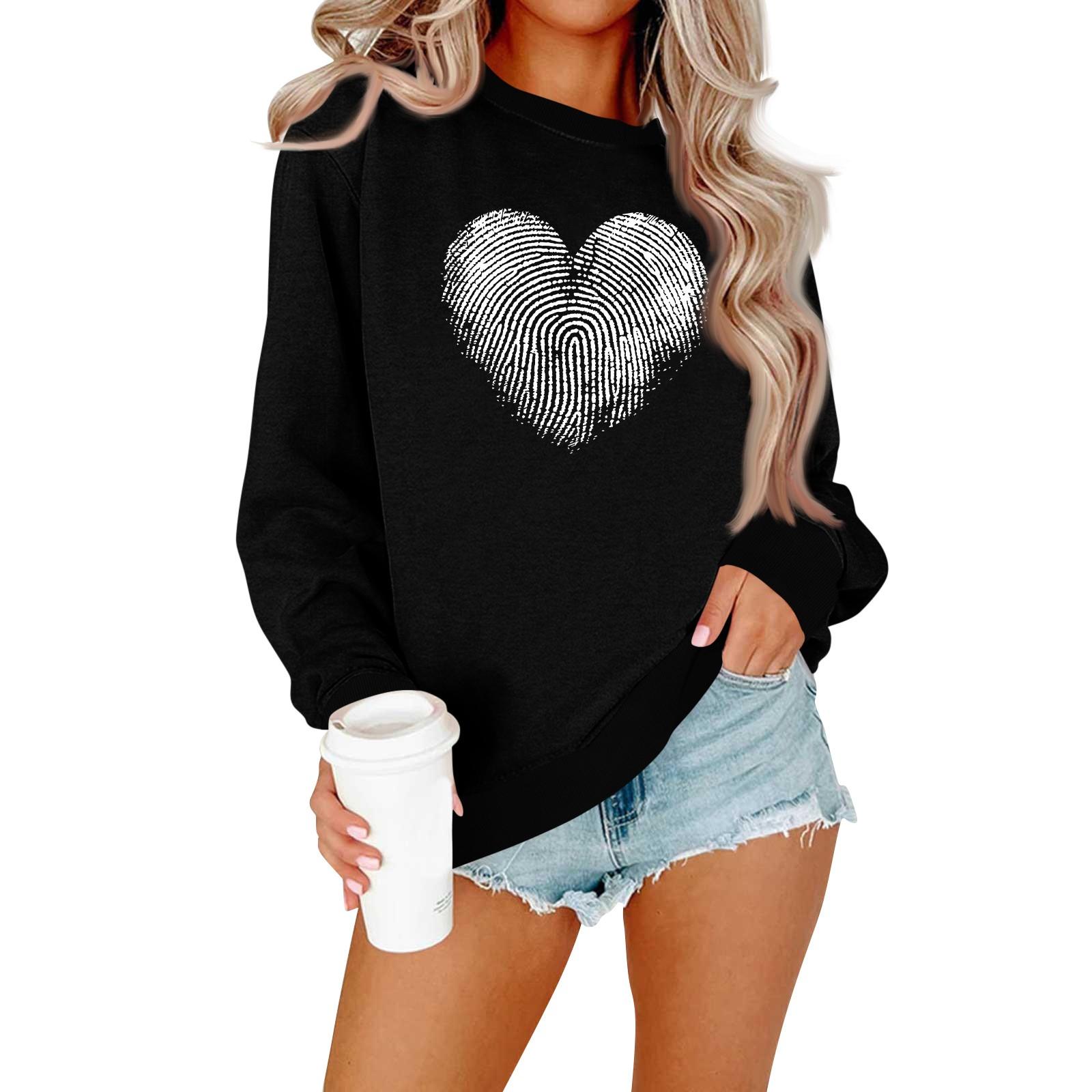 Women s Fashion Casual Long-sleeved Loose Valentine s Day Printed Round Neck Pullover Hoodie Sweatshirt S