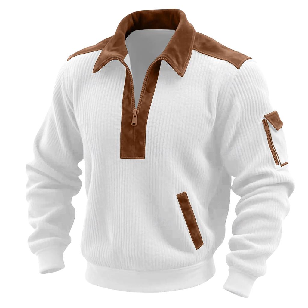 Men's Solid Color Corduroy Zipper Neck Long Sleeve Top Men's Casual Lapel Top